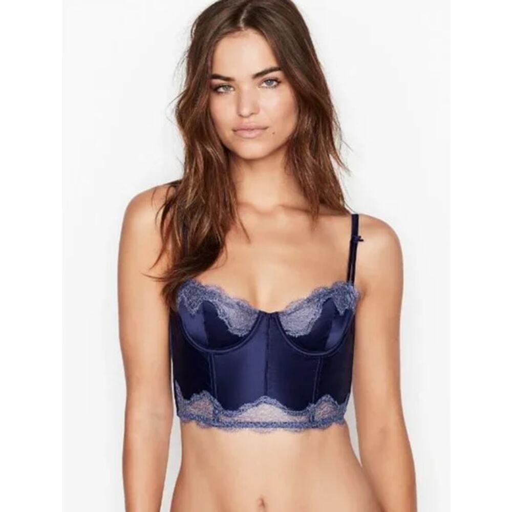 Victoria’s Secret Dream Angels Unlined Long Line Balconette Bra Lace Satin, Blue